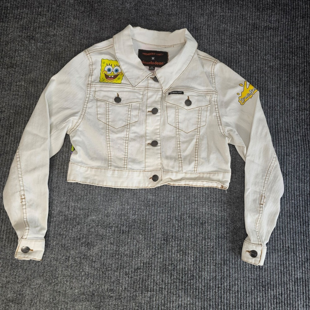 Members Only Jacket Womens Medium White SpongeBob Patrick Graphic Cropped Denim